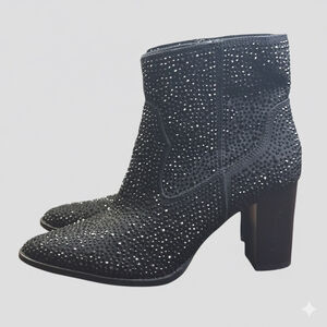 Crown Vintage Black Rhinestone Ankle Boots Size 9.5M Sparkly Western Block Heel